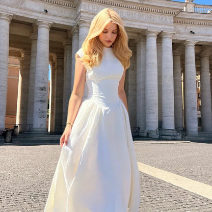 Women Circle Cut Out Back Dress Wide Shoulders and Fitted Waist Prom Dress Fluffy Hem Midi Wedding Party Dresses