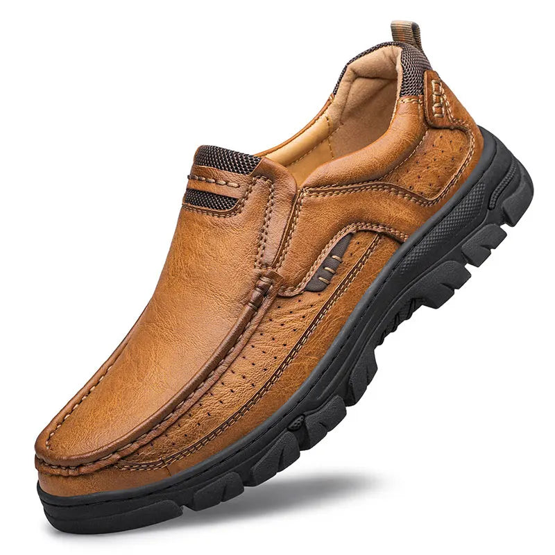 Men's Casual Loafers Handmade Breathable Leather Shoes with Thick Rubber Sole Comfortable Footwear Classic Hand Sewn Seams