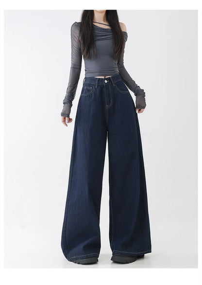 High Waist Straight Leg Loose Fit Denim Jeans Women's Floor Length Lazy Wide Leg Meat Concealing Deep Blue American Style Long P