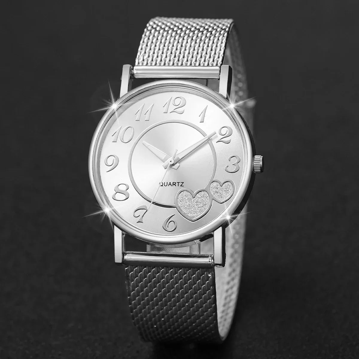 6PCS/Set Fashion Heart Dial Women Watches Plastic Band Quartz Watch Rhinestone Heart Jewelry Set（Without Box）