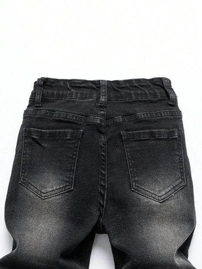 1 Piece of Men's Four-Season Snowflake Washed Fashion Jeans, Stretch Slim Fit Light Gray Dark Black Casual Denim Pants, Normcore and Fashionable, Suitable for Everyday Wear