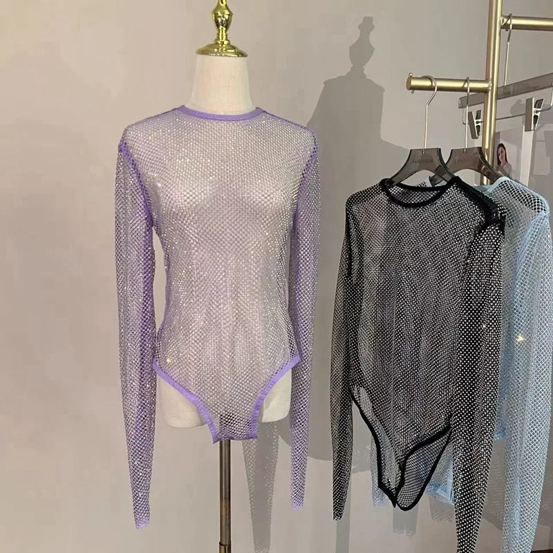 Women's Shiny Rhinestone Fishnet See-Through Bodysuit Mesh Fashion Sexy Bodysuit