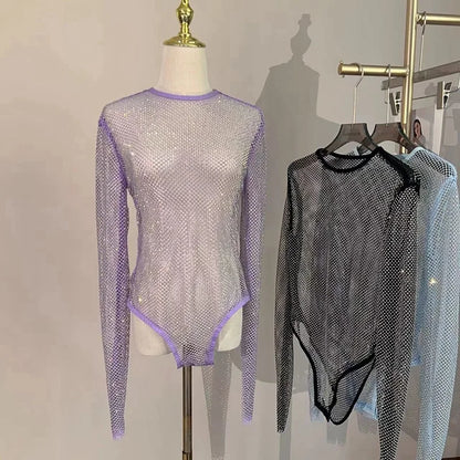 Women's Shiny Rhinestone Fishnet See-Through Bodysuit Mesh Fashion Sexy Bodysuit