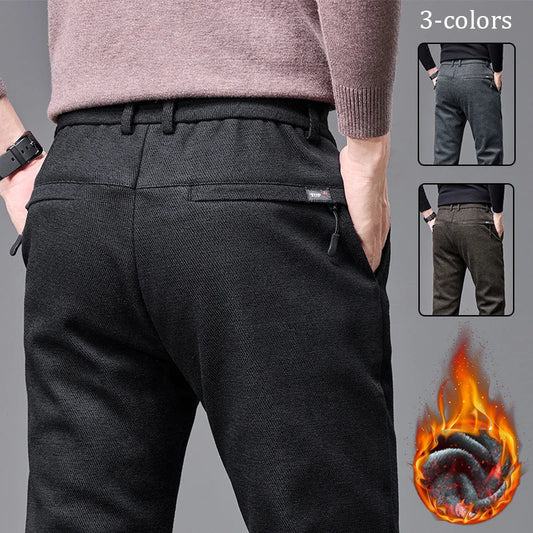 Men's Winter Fleece Elastic Casual Pants Thick Warm Soft Business Stretch Slim Trousers Streetwear Fashion Korean Brand Clothes
