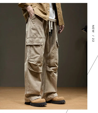 Men's Baggy Cargo Pants with Pockets 100% Cotton Drawstring Elastic Waist Wide Leg Outdoor Casual Pants Plus Size 8XL