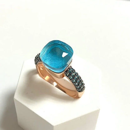 10.6mm Elegant Blue Topaz Zircon Ring Dual Tone Black Gun & Rose Gold 30 Colors Candy Crystal Jewelry Gift for Women