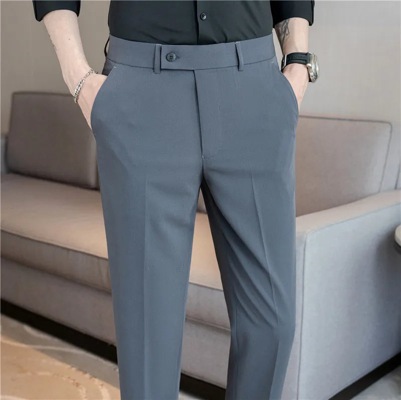 Stretch Solid Color Men's Trousers, Suitable for Business Casual, Parties, Formal Events, and Ankle-length Slim Pants.28-40