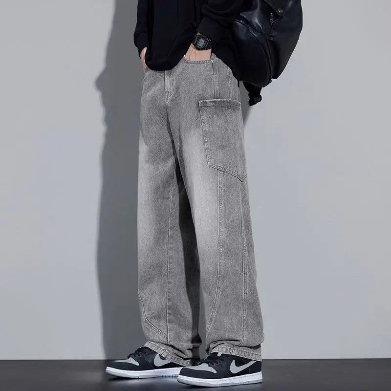 Calça Jeans Masculina de Outono e Inverno, Estilo Americano, com Bolsos Retos e Versátil, em Três Cores para Escolher
