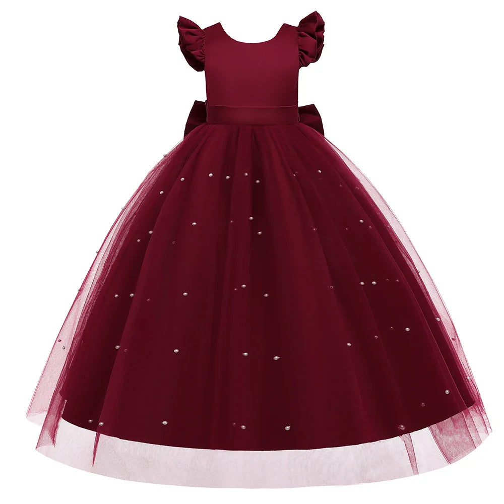 Teen Big Bow Girls Princess Dresses for Bridesmaids Kids Party Dress for Girl Beading Wedding Prom Pageant Dress Gown 5-14 Years