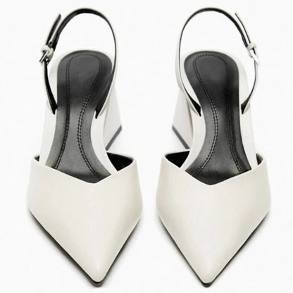 Sexy White Pointed Toe Chunky Heel Pumps Women Luxury Back Strap Buckle Designer Shoe Elegant Commuting Office Shoe Talons Femme
