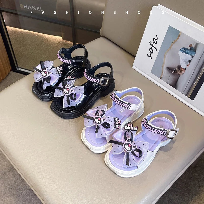 Kids'Sandals Kuromi PU Leather Bow Flat Spring Shoes For Girls Anti-slip Soft Thick Bottom White Black Shoes Size 25-36
