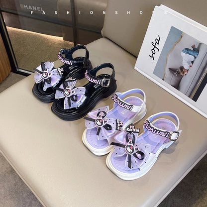 Kids'Sandals Kuromi PU Leather Bow Flat Spring Shoes For Girls Anti-slip Soft Thick Bottom White Black Shoes Size 25-36