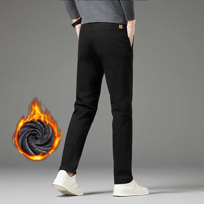 Winter Thickened Men's Velvet Casual Pants Fleece Warm Fashion Solid Color Straight Elastic Male Business Plush Pants