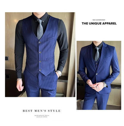 New three-piece suit with tailored striped business suit blazer and trousers set. Korean fashion trend. Stylish wedding attire.