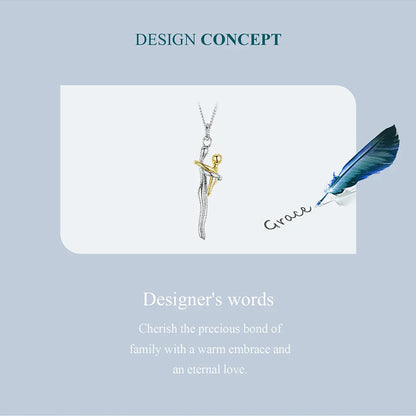 Real 925 Sterling Silver Hug Embrace Pendant Necklace Silver Gold Two-tone Mom & Child Pendant Family Gift  Mom Jewelry