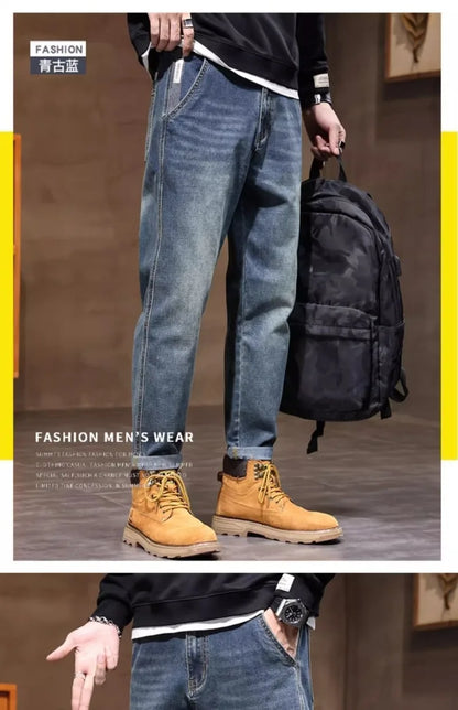 Calça Jeans Masculina Primavera Vintage Elástica Casual Longa Calça Reta Slim Algodão Poliéster Lavada para Adolescentes