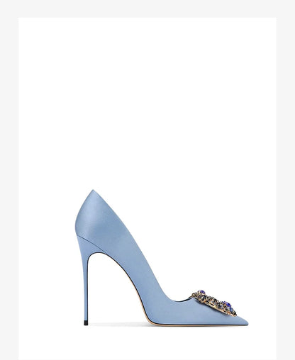 2026 Spring and Autumn New Women's Blue High Heels Pointed Thin Heel Rhinestone Square Buckle Dress Fashion Women's Shoes