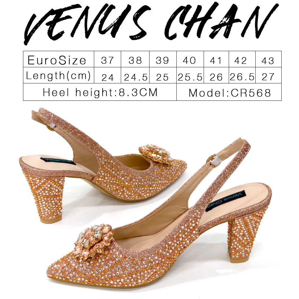 INS Style Green Party Shoe and Bag Set in Women Pointed-Toe Rhinestone High Heels Elegant African Ladies Shoes