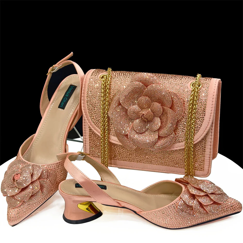 Evening Shoes and Bags Set with Full Diamond Handmade Petal Clutches Pointed Toe Peach Color Mid-Heel Women Shoes