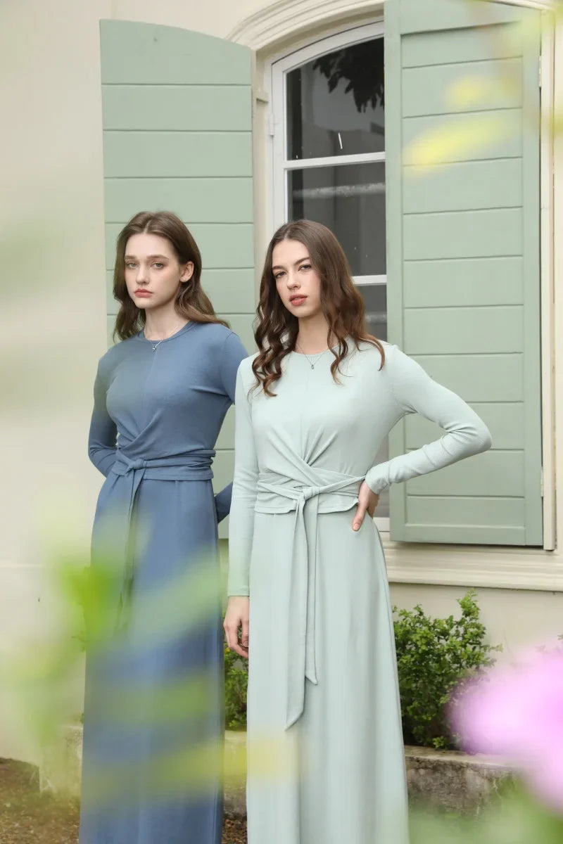summer ribbing closed-fit wrap tops + Aline dress high Stretch matching sets