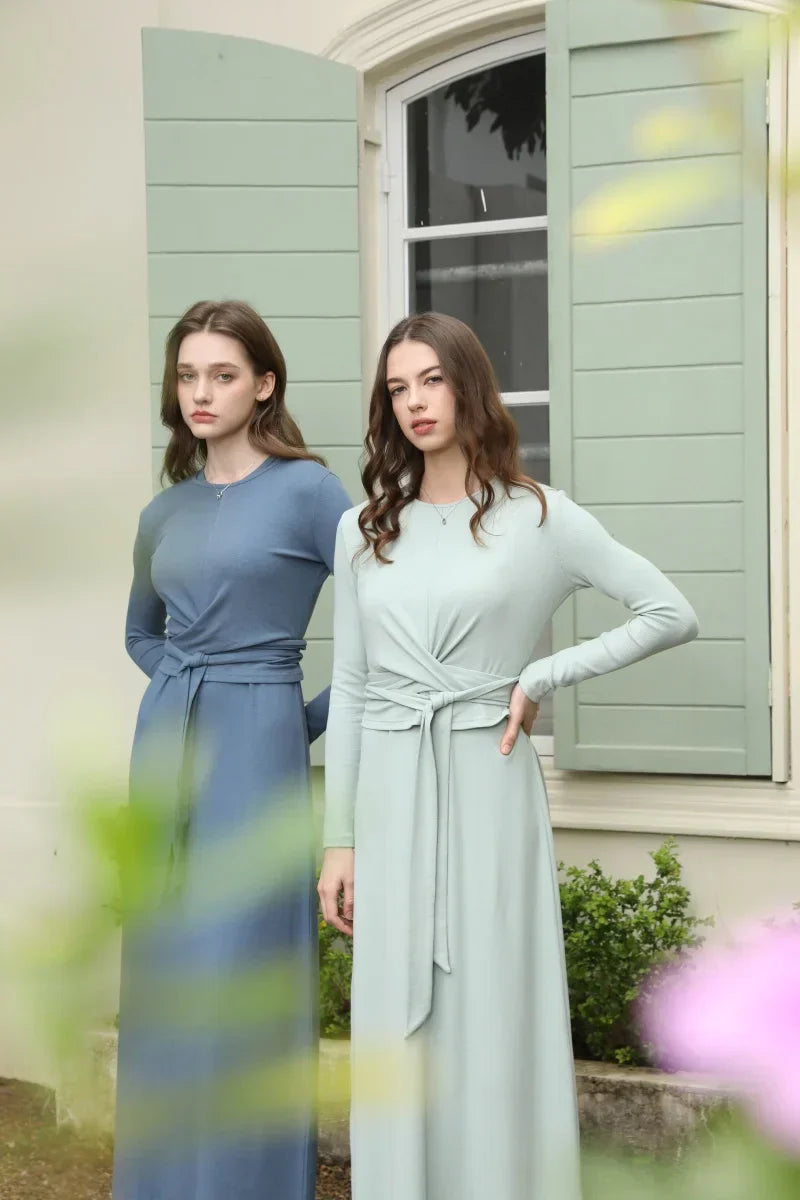 summer ribbing closed-fit wrap tops + Aline dress high Stretch matching sets