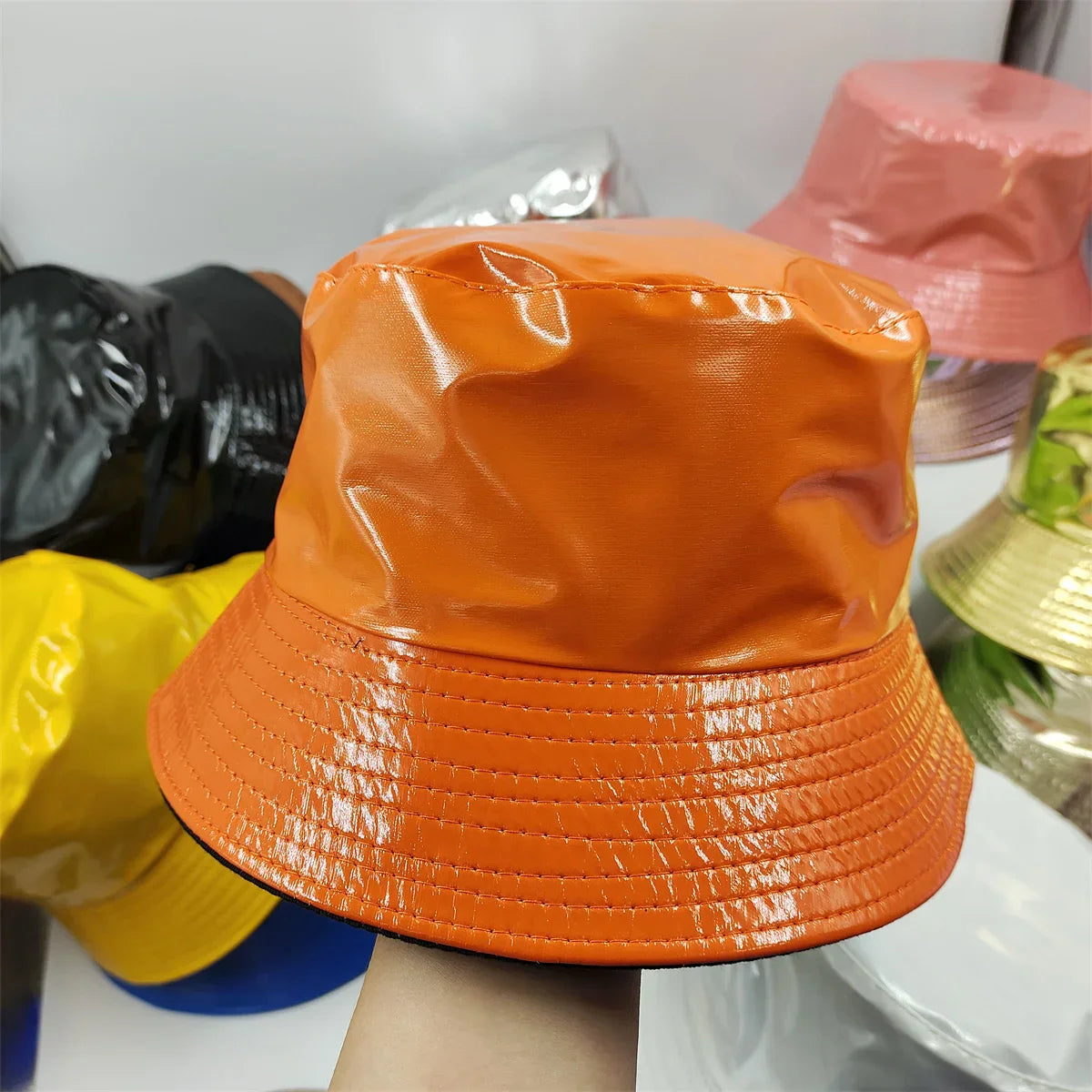 Colorful Shiny Leather Two Sided Fisherman Hat Women's and Men's Hip Hop Summer Sunshade Hat Foldable Bucket Hat