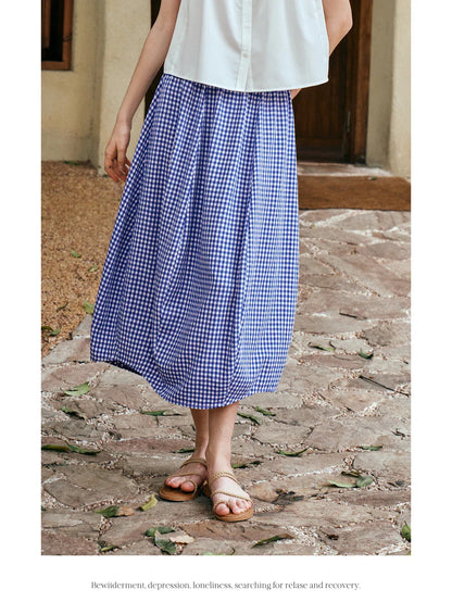 Women's Summer 2026 Midi Elastic Waistband Skirt Elegant Office Ladies Blue Plaid BUD Skirt Female Clothes O57XB99598