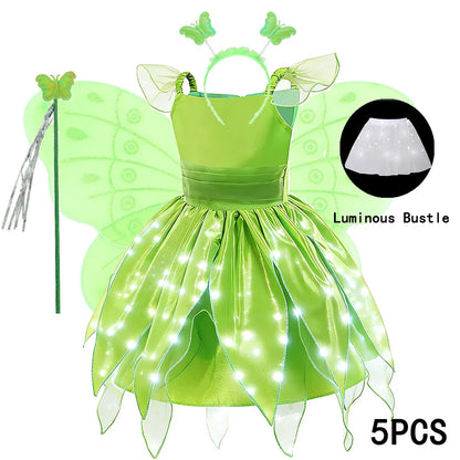 Childern Princess Dress For Girls LED Light With Flower Fairy Dress Up Kids With Wings Halloween Elves Party Tinker Bell Dress