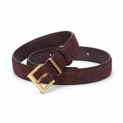 Trendy Cowhide Suede Belt for Women Casual Jeans Dress, Genuine Leather Belts with Square Alloy Buckle Waistband