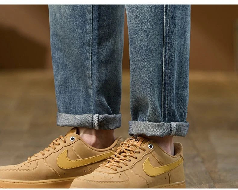 Jeans Denim Straight Pants Men Washed Distressed Mid Waist Pockets 2025 Streetwear Basics Ankle Length Trousers Vintage Denims
