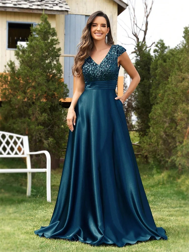 Elegant V-Neck Green Pleats Sequins Evening Dresses Long Luxury Women Satin Sleeveless Wedding Party Cocktail Gowns