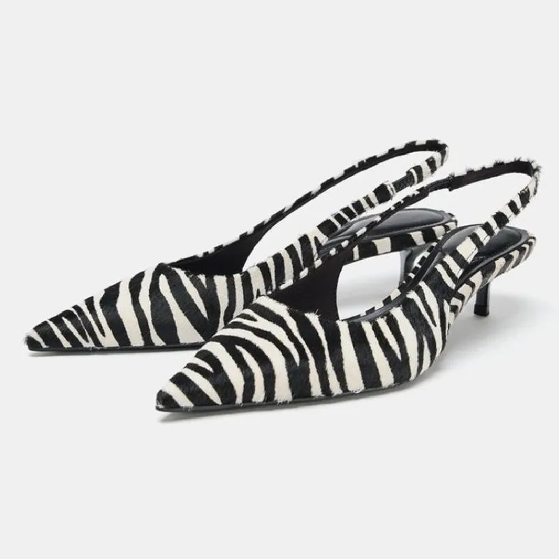 Stylish Zebra Print Design High Heels for Women Sexy Pointed Toe Kitten Heels Sandals Comfortable Street Style Slingback Shoes