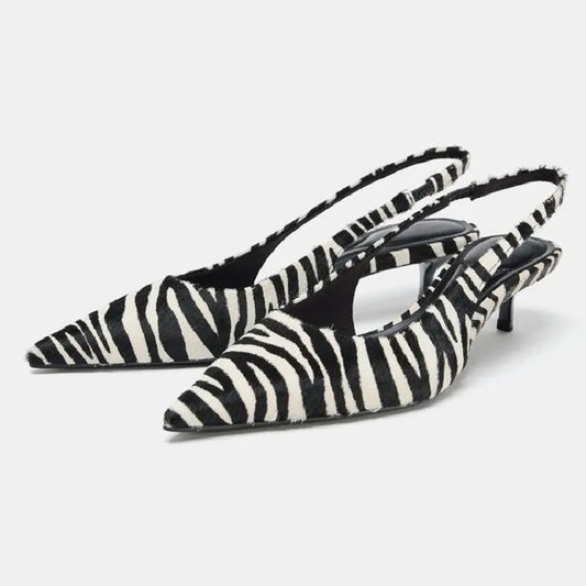 Stylish Zebra Print Design High Heels for Women Sexy Pointed Toe Kitten Heels Sandals Comfortable Street Style Slingback Shoes