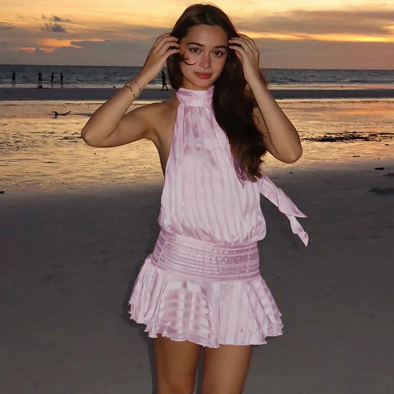 Stunning Shiny Ruffles Lace Up Mini Dress Women's Chic Loose Hollow Out A-line Pleated Vestidos Lady Summer Party Gowns 2025 New