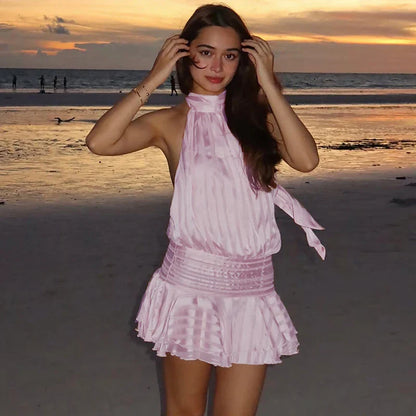 Stunning Shiny Ruffles Lace Up Mini Dress Women's Chic Loose Hollow Out A-line Pleated Vestidos Lady Summer Party Gowns 2025 New