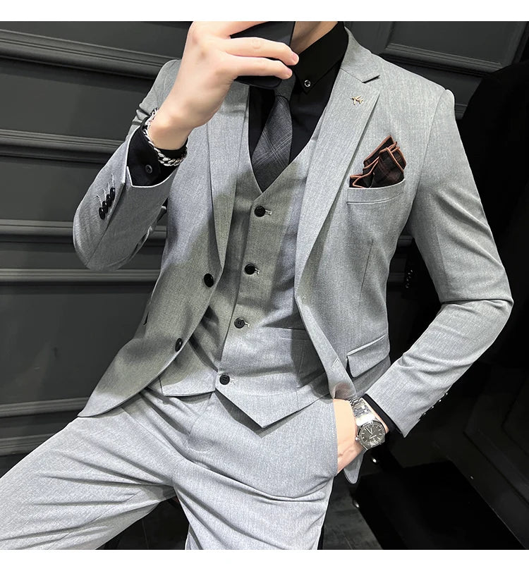 ( Blazer + Vest + Pants ) Boutique Fashion Solid Color Men's Slim Casual Business Suit Three-piece Set Groom Wedding Dress Party