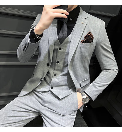 ( Blazer + Vest + Pants ) Boutique Fashion Solid Color Men's Slim Casual Business Suit Three-piece Set Groom Wedding Dress Party