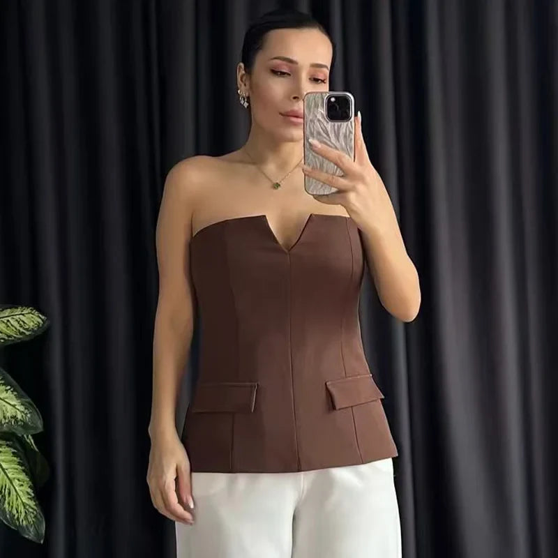 Corset Tube Top Women Summer 2025 Strapless Tanks & Camis Red Brown Black White Tank Tops Sexy Off Shoulder Crop Vests 066