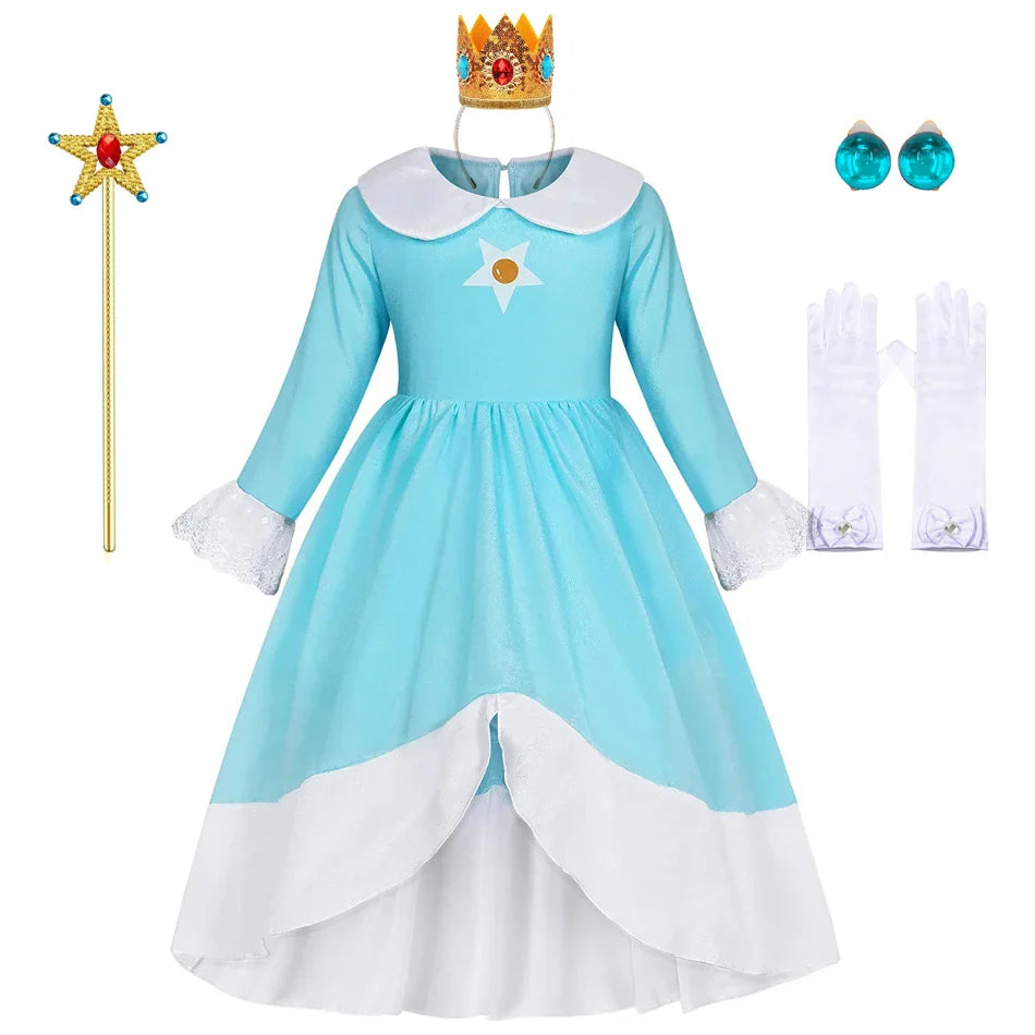 Rosalina Dress Girls Peach Cosplay Kids Party Princess Costume Birthday Blue Dresses Children Clothing