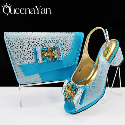 2025 Shiny Italian Fashion Pointed Toe Women Heel Fashion Rhinestone Decoration Pink Color Shoes And Bag Set