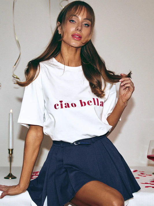 Oversized White T-Shirt with Ciao Bella Print Funny Boutique Shirt Women's Fashion Tee Summer Cotton Casual O-Neck Drop Sleeve