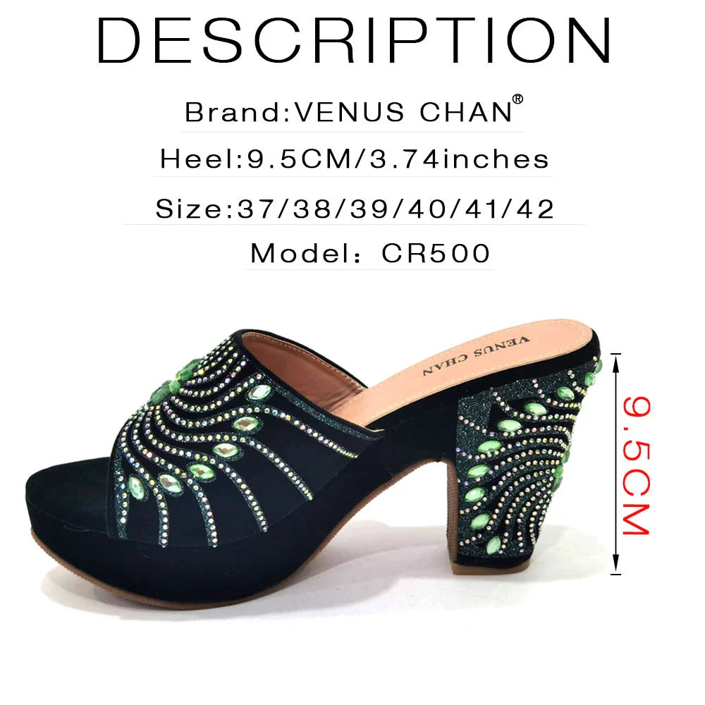 The Latest Italian Design Rotary Rhine-Diamond Floral Thick Heel Platform Women's Comfortable Shoes Bag and Shoe Set