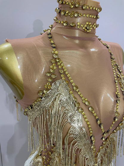 Women Sexy Stretch Mesh Sparkly Rhinestone Tassels Mini Dress Nightclub Singer Dance Stage Costume Evening Gowns