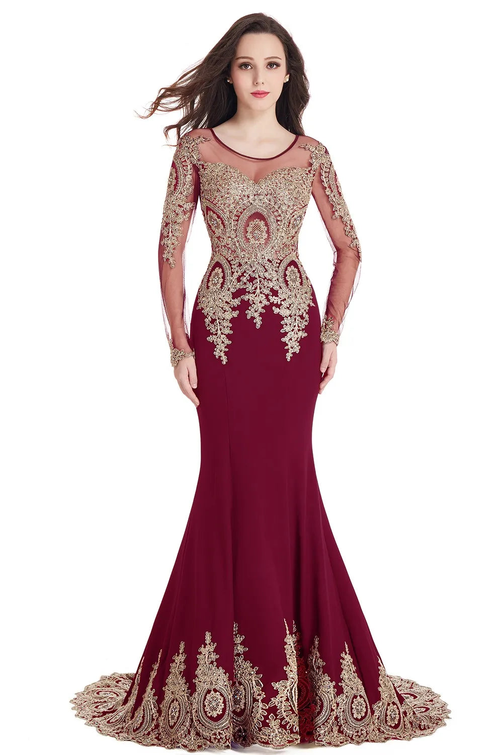 Prom Dresses Women Beading Long Sleeve Backless Elegant Lace Applique Formal Evening Party Gown For Bride Robe De Soirée