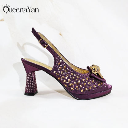 Elegant Mature Style Purple Rhinestone Design Women's Peep Toe High Heels With Matching Handbag Set for Party Wedding or Wokr