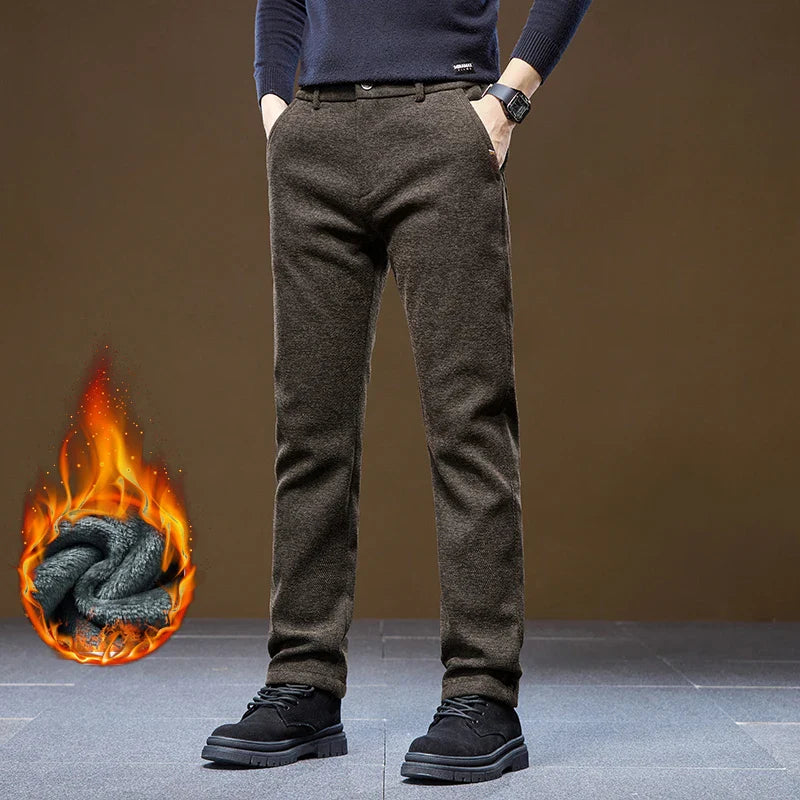 Men's Winter Casual Pants Thick Fleece Warm Elastic Waist Straight Slim Trousers Light Business Comfort Daily Wear Thermal Pants