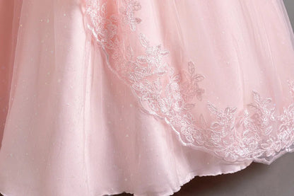 Girl's Pearl Bubble Sleeves Princess Dress 4-12 Years Old Fashionable Flower Lace Satin Dress Birthday Wedding Flower Girl Dress