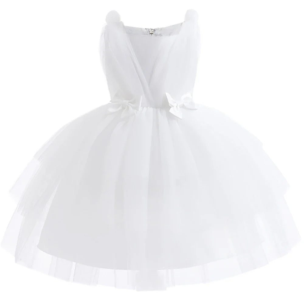Summer Bow Bridemaid Party Girls Dresses Elegant Tulle Birthday Wedding Princess Dress for Girl New Years Prom Christmas Costume