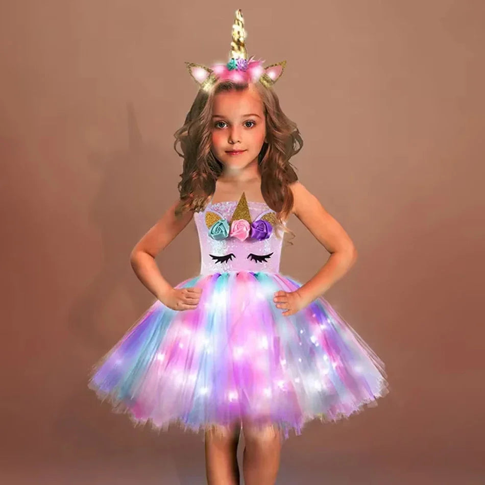 Girls Rainbow Unicorn Light Up Tutu Dresses for Kids Birthday Party Sequins Glowing Knee Length Dress Halloween Animal Costumes