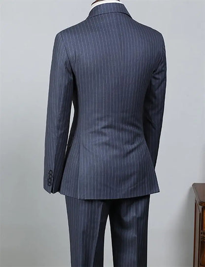 Navy Blue Men's Striped Business Suit 2-piece Set Suit Jacket Suit Pants Double Breasted Slim Fit Man Suit Groom's Wedding Suit
